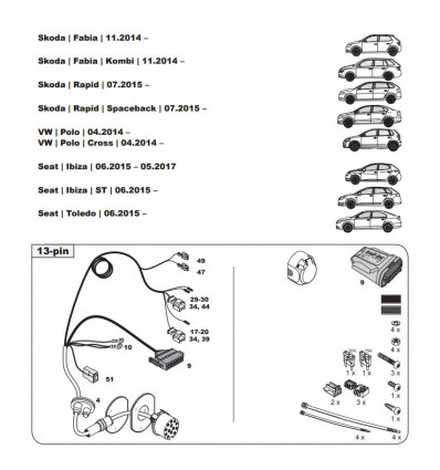 Штатная электрика к фаркопу на Seat/Skoda/Volkswagen WYR361313R-T