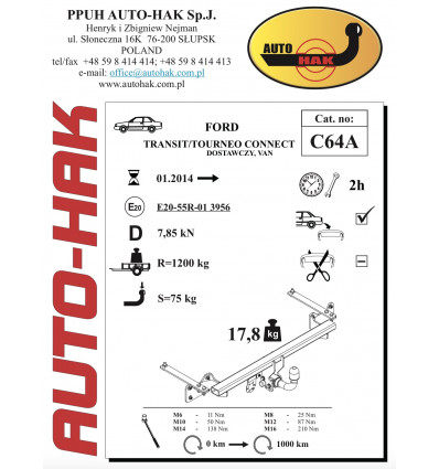 Фаркоп на Ford Tourneo Connect C 64A