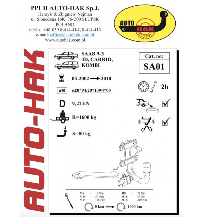 Фаркоп на Saab 9-3 SA 01