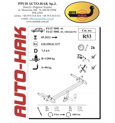 Фаркоп на Fiat 500L R 53